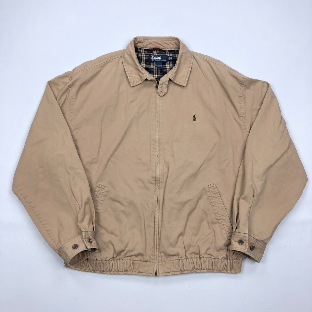 Polo Ralph Lauren Vintage Harrington Jacket Tan Cotton Plaid Lined Mens XL